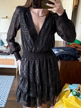 Michael Kors Black Sheer V-Neck Smocked Waist Tiered Mini Dress